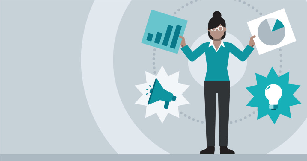 Strategic Marketing Management Image is Infographic having a person surrounded by statistics, market share, advertising, and ideas. WHAT IS STRATEGIC MARKETING MANAGEMENT